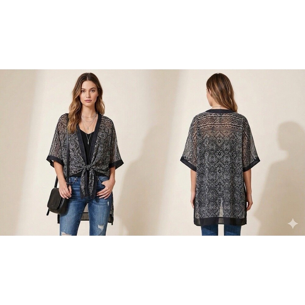Club Collection Kimono Cover Up XL Black Gray Sheer Chiffon Bohotie Front Topper
